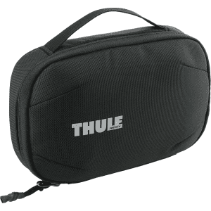 A black toiletry bag with a handle and branding, featuring a zip closure and textured surface.