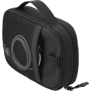 A black toiletry bag with a mesh pocket and zipper, featuring a handle for easy carrying.