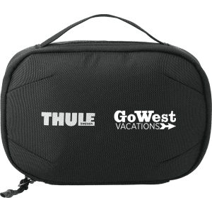 A black toiletry bag with a handle and a logo on the front, featuring a zip closure.
