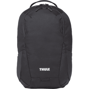A black laptop backpack with a sleek design and featuring a logo on the front.