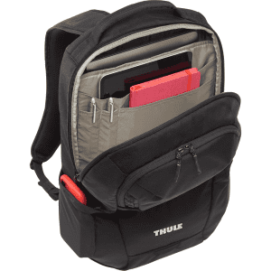 A black laptop backpack with multiple compartments, including space for a laptop, tablet, and accessories. Features a logo.