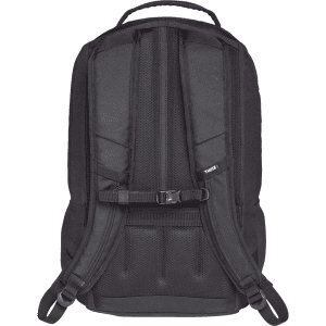 A black laptop backpack with padded straps and a sturdy design. It has a logo and features a mesh panel for ventilation.
