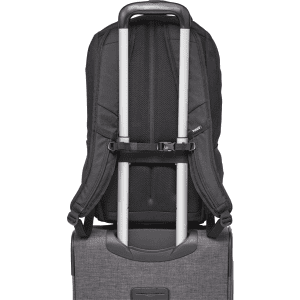 A black computer backpack with adjustable straps, featuring a trolley handle passthrough and ventilation panels.