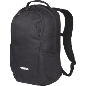 A black backpack with a sleek design, featuring padded straps and a side pocket. Includes branding.