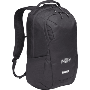 A black laptop backpack featuring padded shoulder straps and a zippered main compartment. It has a logo on the front.