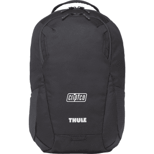 A black backpack with structured design, featuring a logo, suitable for carrying laptops and other items.