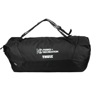 A black duffel bag with a mid blue accent and a logo. Features a shoulder strap for easy carrying.