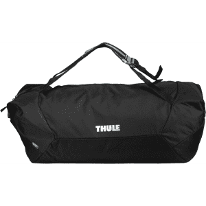 A black cargo duffel bag with mid blue accents and a branding logo on the front.