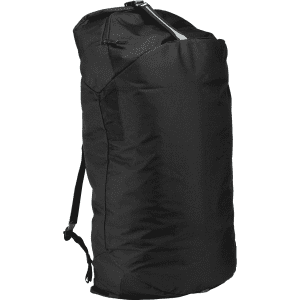 A black duffel bag with a mid blue accent, featuring shoulder straps and a zippered opening. Includes a logo.