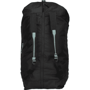 A black duffel bag with mid blue accents and adjustable straps, featuring a logo.