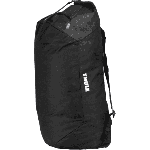 A black duffel bag with mid blue accents and a logo on the side.