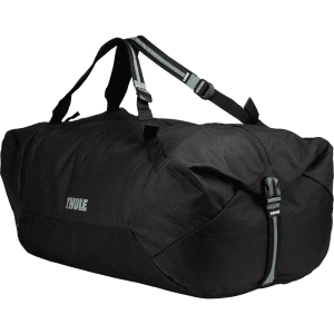 A black duffle bag with mid blue accents and a branding logo, featuring adjustable shoulder straps.