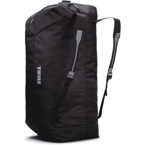 A black Thule GoPack 28 Cargo Duffel with mid blue accents and shoulder straps. Features a logo.