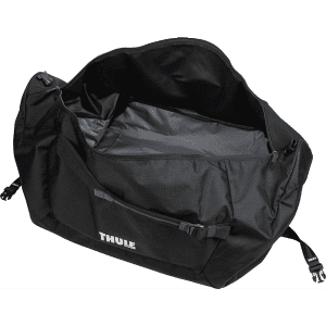 A duffel bag in black with a mid blue accent, featuring a spacious interior and a logo.