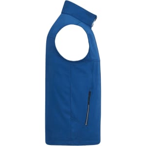 A blue eco waterproof softshell vest with a high collar and side zip pocket. Features a logo on the front.