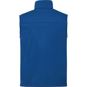 A blue men's eco waterproof softshell vest with no sleeves and a high collar, featuring a logo on the back.