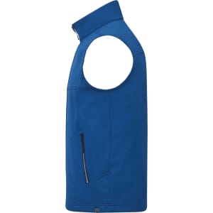 A blue eco waterproof softshell vest with a high collar and a zippered side pocket, featuring a logo.