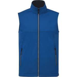 A blue, eco waterproof softshell vest with a high collar and zippered pockets, featuring a logo on the chest.