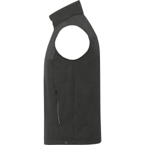 A softshell vest in dark grey with an eco-friendly design and a side zip pocket. Features a logo.