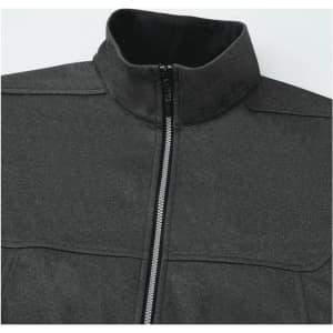 A grey softshell vest featuring a high collar and front zipper, designed as a waterproof outer layer.