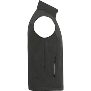 A dark green eco waterproof softshell vest featuring a zip pocket and a high collar. Contains branding.