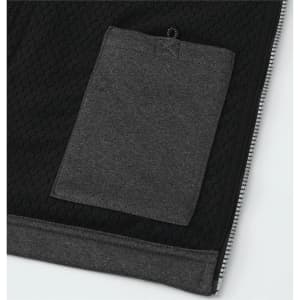 A black waterproof softshell vest featuring a grey pocket and a logo. Textured fabric detail is visible.