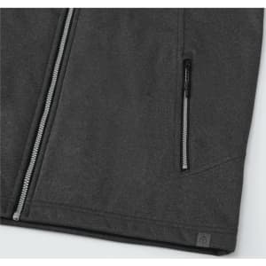 A grey waterproof softshell vest with a zippered pocket and a logo, featuring a smooth texture.
