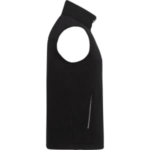 A black eco waterproof softshell vest featuring a high collar and side zip pocket. It has a logo on the fabric.