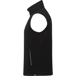 A black eco waterproof softshell vest with a high collar and zippered pocket, featuring a logo.