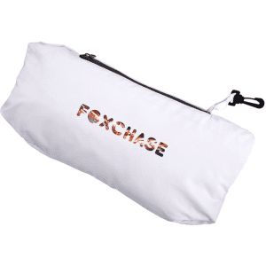 A white packable jacket with a zippered pocket, featuring a logo on the front.