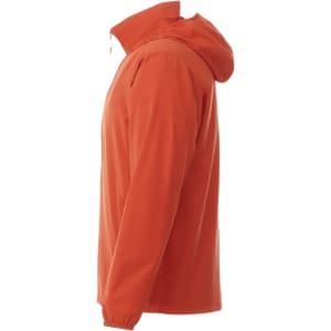 An orange men's packable rain jacket with a hood and a side view showcasing its design and fit.