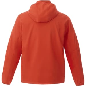 An orange men's packable jacket with a hood, featuring a logo on the back. Suitable for rain protection.