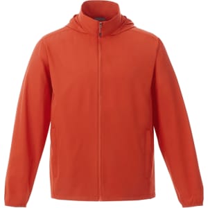 An orange men's packable rain jacket with a hood and front zipper, featuring a logo on the chest.