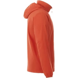 An orange men's packable rain jacket featuring a hood, with a logo on the chest.