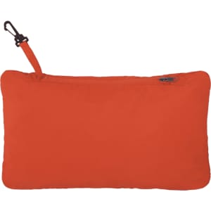 An orange packable jacket stored in a compact, zippered pouch with a clip. The pouch has a plain design.