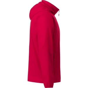 A red packable jacket with a hood, featuring a side view and a logo. Ideal for rain protection.