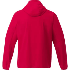 A packable rain jacket in vibrant red, featuring a hood and long sleeves, with a logo on the back.