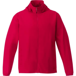 A red men's packable rain jacket with a zip front and a high collar, featuring a logo.