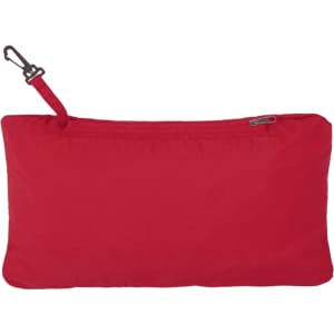 A red packable jacket neatly compressed into its own pouch, featuring a clip attachment and a logo.