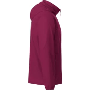 A maroon Men's TOBA Packable Jacket with a hood and side zip pockets, featuring branding on the sleeve.