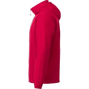 A red men's packable jacket with a hood, featuring a sleek design and a logo on the front.