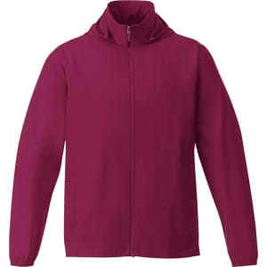 A maroon men's packable rain jacket featuring a hood and full zip front, with an understated design and logo.