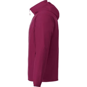 A maroon Men's TOBA Packable Jacket with a hood, featuring a logo on the side.