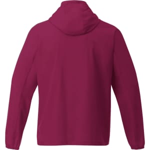 A maroon men's packable rain jacket with a hood, featuring long sleeves and a simple design on the back.