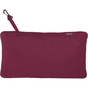 A maroon packable jacket with a zipper and a hanging loop, featuring a logo. Ideal for rain protection.