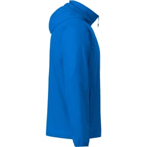 A blue men's packable jacket featuring a hood and side pockets, with a logo on the chest.