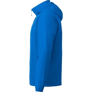 A blue men's TOBA packable rain jacket featuring a hood and a side zippered pocket, with a logo.