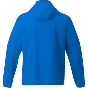 A blue men's packable rain jacket with a hood and long sleeves, featuring a logo on the back.