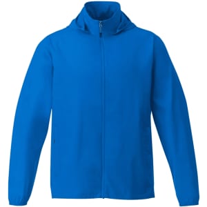 A blue men's packable jacket with a hood and full zip front, featuring a logo on the chest.