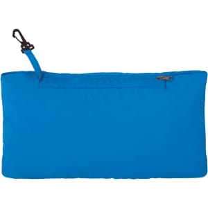 A blue packable jacket with a zippered pocket and a hook for easy carrying. It features a logo on the fabric.